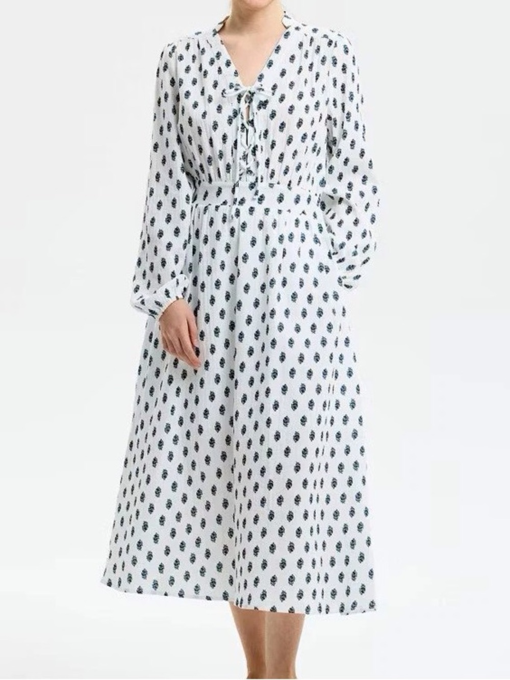 White Printed Maxi Dress with Tie Front